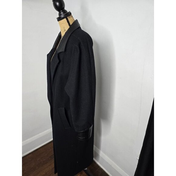 Vintage Black Wool Leather Trim Overcoat Classic - Picture 3 of 16